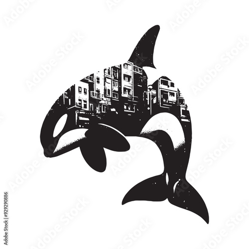 silhouette of orca filled with ghetto street in rough drawing