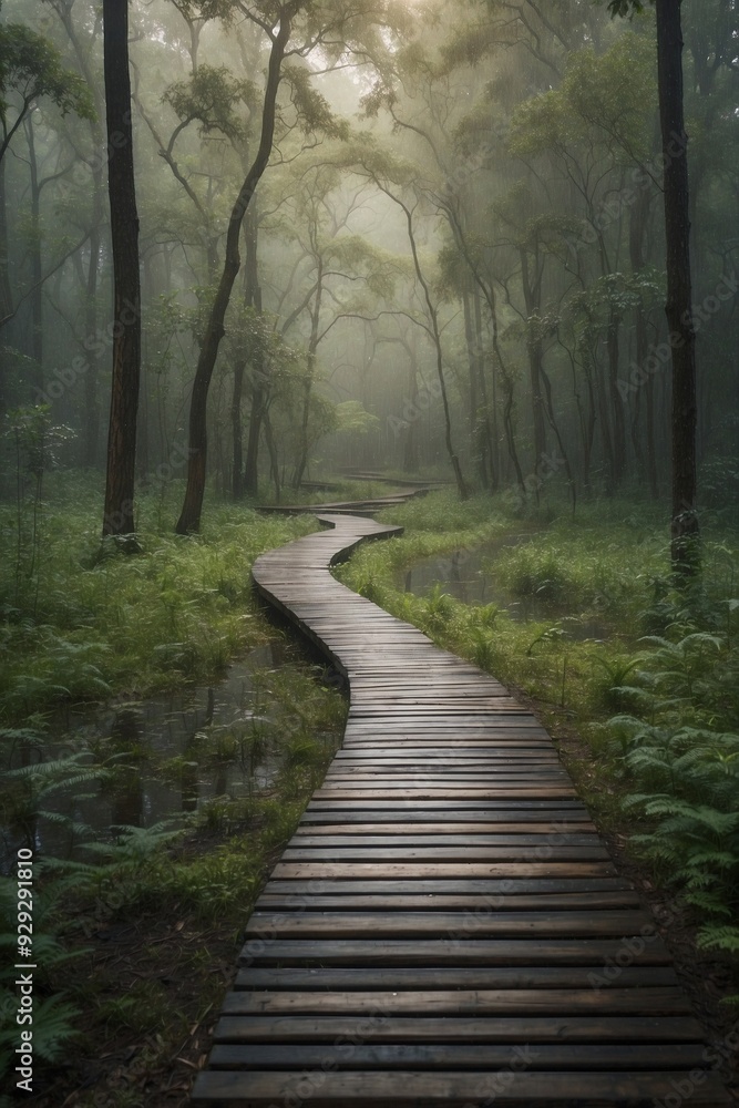 Curvy Wooden Path in Forest Right After Rain Curvy Wooden Path in Forest Right After Rain