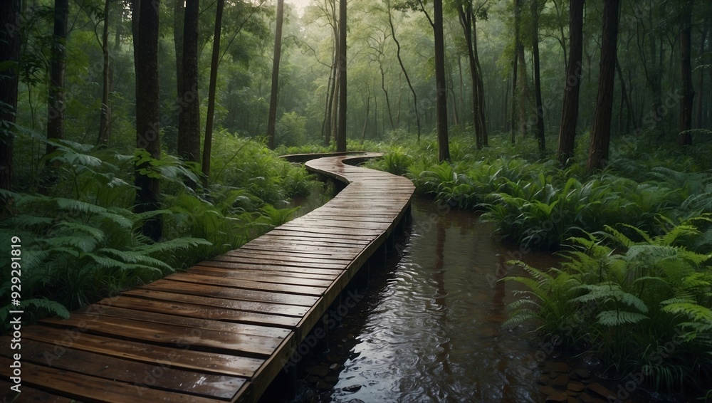 Curvy Wooden Path in Forest Right After Rain Curvy Wooden Path in Forest Right After Rain