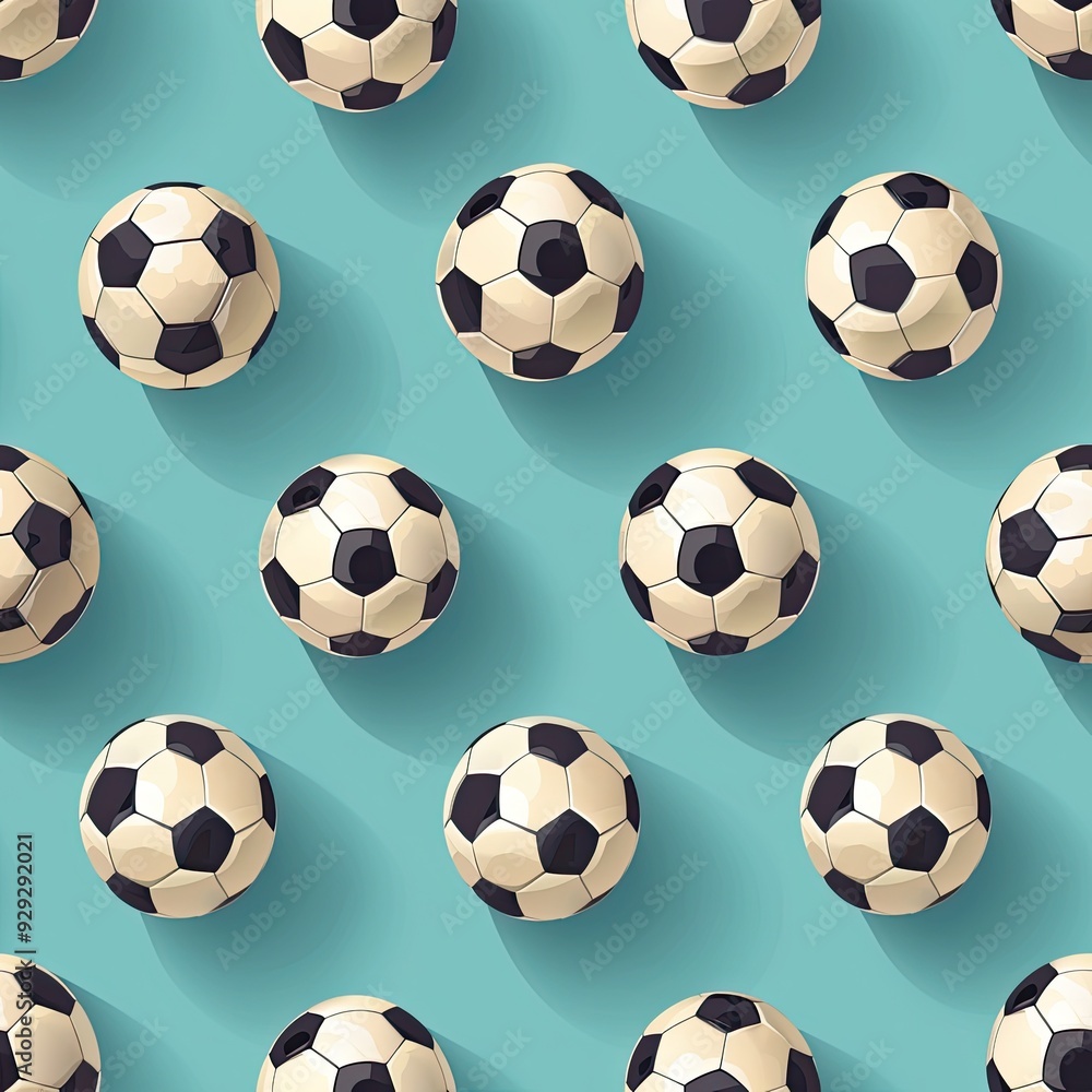 A repetitive pattern of soccer balls on a turquoise background showcasing a playful design ideal for sports-themed decor A repetitive pattern of soccer balls on a turquoise background showcasing a playful design ideal for sports-themed decor
