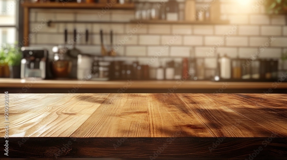 Wooden Table Top with Blurred Kitchen Background Wooden Table Top with Blurred Kitchen Background