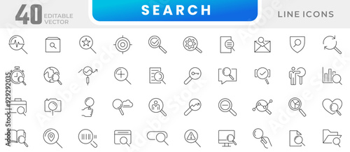 Search line icon collection. Zoom, binoculars, find document, magnify glass, web, browse, digital marketing, data analysis and Artificial Intelligence icon set. UI outline icons pack