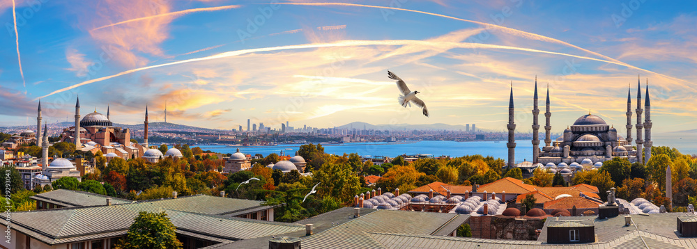 Beautiful sunset over the Istanbul roofs near Hagia Sophia and the Blue Mosque, Turkey