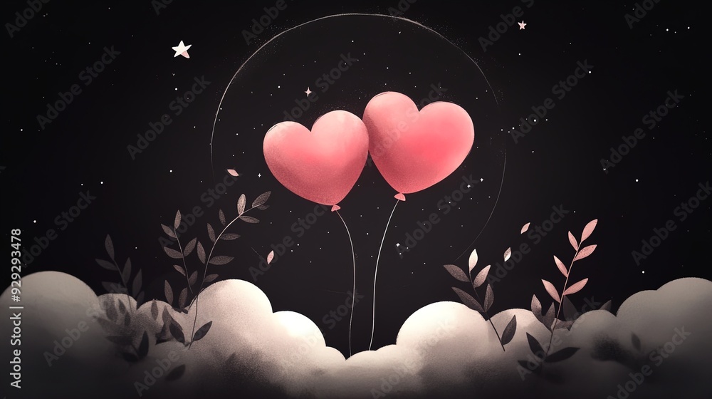 Charming Heart-Shaped Balloons in Dreamy Clouds: A Perfect Poster for Celebratory Decor, Enhancing Your Space with Love, Joy, and Starry Elegance Charming Heart-Shaped Balloons in Dreamy Clouds: A Perfect Poster for Celebratory Decor, Enhancing Your Space with Love, Joy, and Starry Elegance