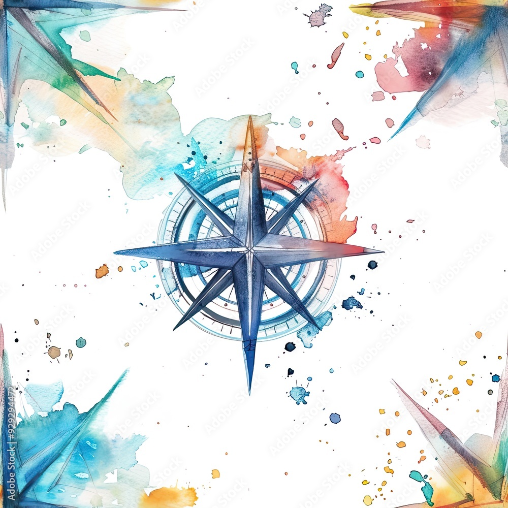 Obraz premium Artistic compass design with watercolor elements in vibrant colors