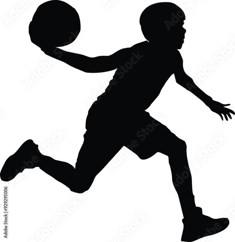 a teen child are play basket ball with jumping vector silhouette, isolated white background 
