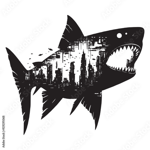 silhouette of piranha filled with destroyed futuristic dystopia environment in rough drawing