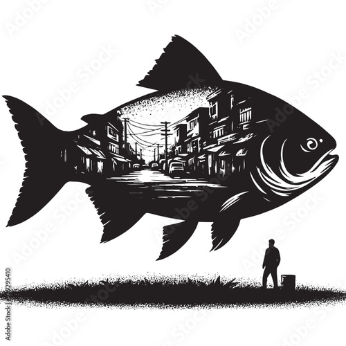 silhouette of piranha filled with ghetto street in rough drawing