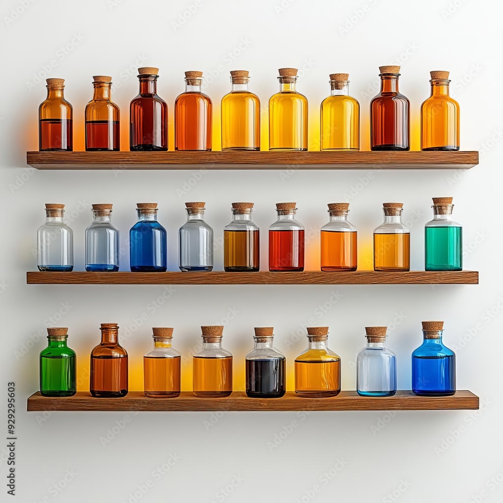 A shelf filled with labeled chemical bottles in a laboratory, Chemicals, Organization A shelf filled with labeled chemical bottles in a laboratory, Chemicals, Organization