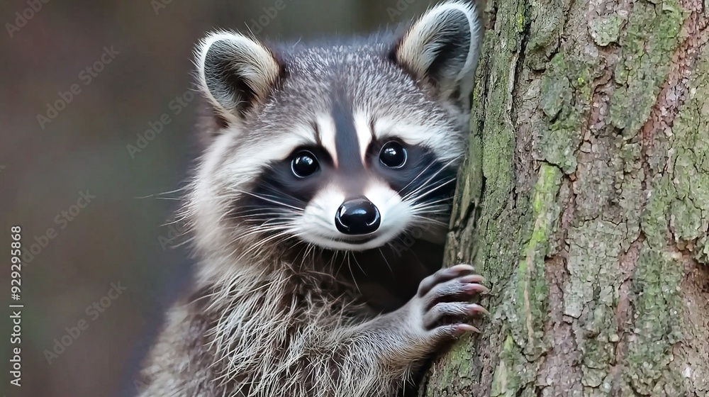 Fototapeta premium Raccoon climbing tree trunk for hug