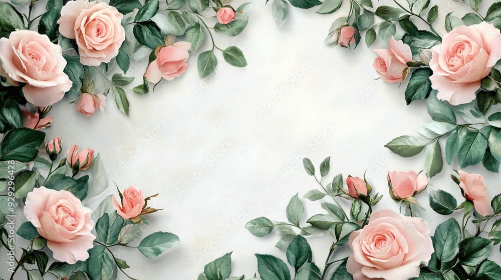 A beautiful arrangement of pink roses and green leaves, creating an elegant, romantic frame on a soft background. A beautiful arrangement of pink roses and green leaves, creating an elegant, romantic frame on a soft background.