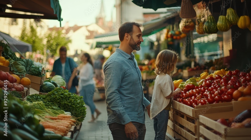 Obraz premium A family strolls through a lively farmers market, admiring fresh fruits and vegetables while enjoying quality time together