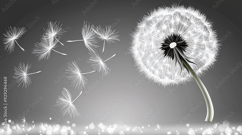 Fototapeta premium A dandelion blowing in the wind against a black-and-white background, with a blurred image of the dandelion