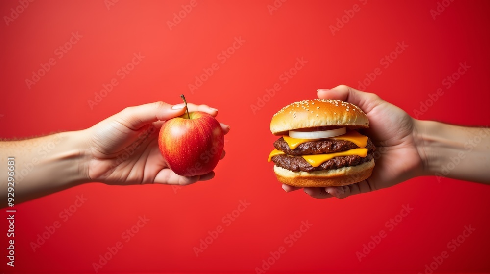 A hand holds a fresh red apple, while another hand offers a juicy cheeseburger, illustrating the contrast between healthy eating and indulgence. A hand holds a fresh red apple, while another hand offers a juicy cheeseburger, illustrating the contrast between healthy eating and indulgence.