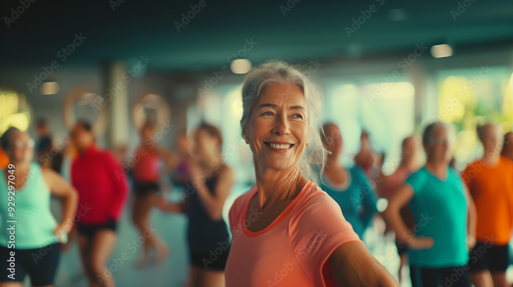 Fit Senior Woman Happily Posing in the Gym with Group Fit Senior Woman Happily Posing in the Gym with Group