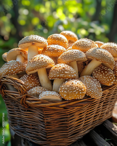 Bountiful harvest of wild mushrooms in a woven basket. A woven basket filled with freshly picked wild mushrooms sits outdoors.
