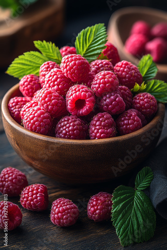 Fresh raspberries with mint leaves in a wooden bowl on a dark surface. A wooden bowl filled with vibrant raspberries, garnished with fresh mint leaves.