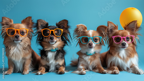 Happy Dogs with Eyeglass and Balloons on Blue Background