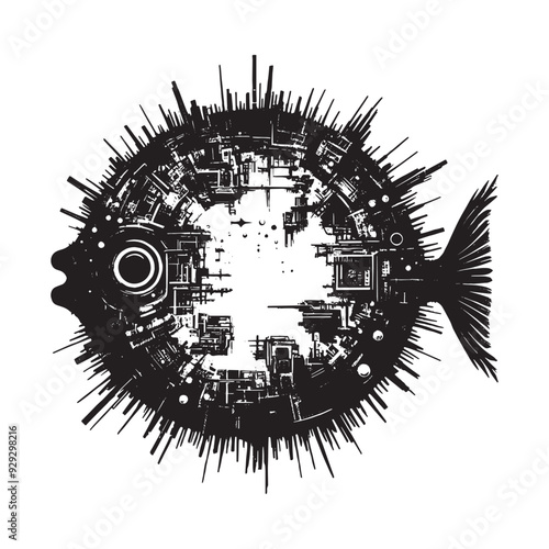 silhouette of Pufferfish filled with destroyed futuristic dystopia environment in rough drawing