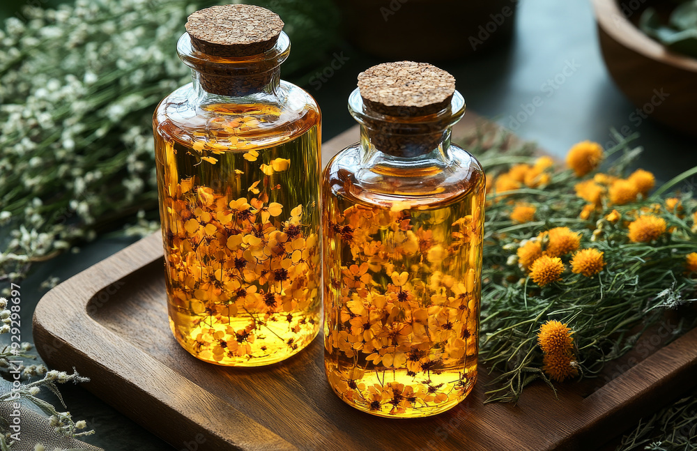 Beautiful golden herbal oils in glass bottles on a wooden tray. Two glass bottles filled with vibrant herbal oils and flowers on a wooden tray. Beautiful golden herbal oils in glass bottles on a wooden tray. Two glass bottles filled with vibrant herbal oils and flowers on a wooden tray.