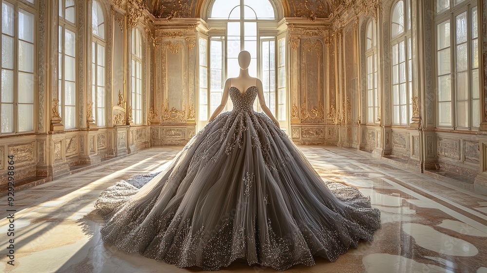 Elegant Ball Gown on Mannequin: A Stunning Poster for Fashion Lovers, Showcasing Opulence and Intricate Beading in a Grand Architectural Space with Tall Windows. Elegant Ball Gown on Mannequin: A Stunning Poster for Fashion Lovers, Showcasing Opulence and Intricate Beading in a Grand Architectural Space with Tall Windows.