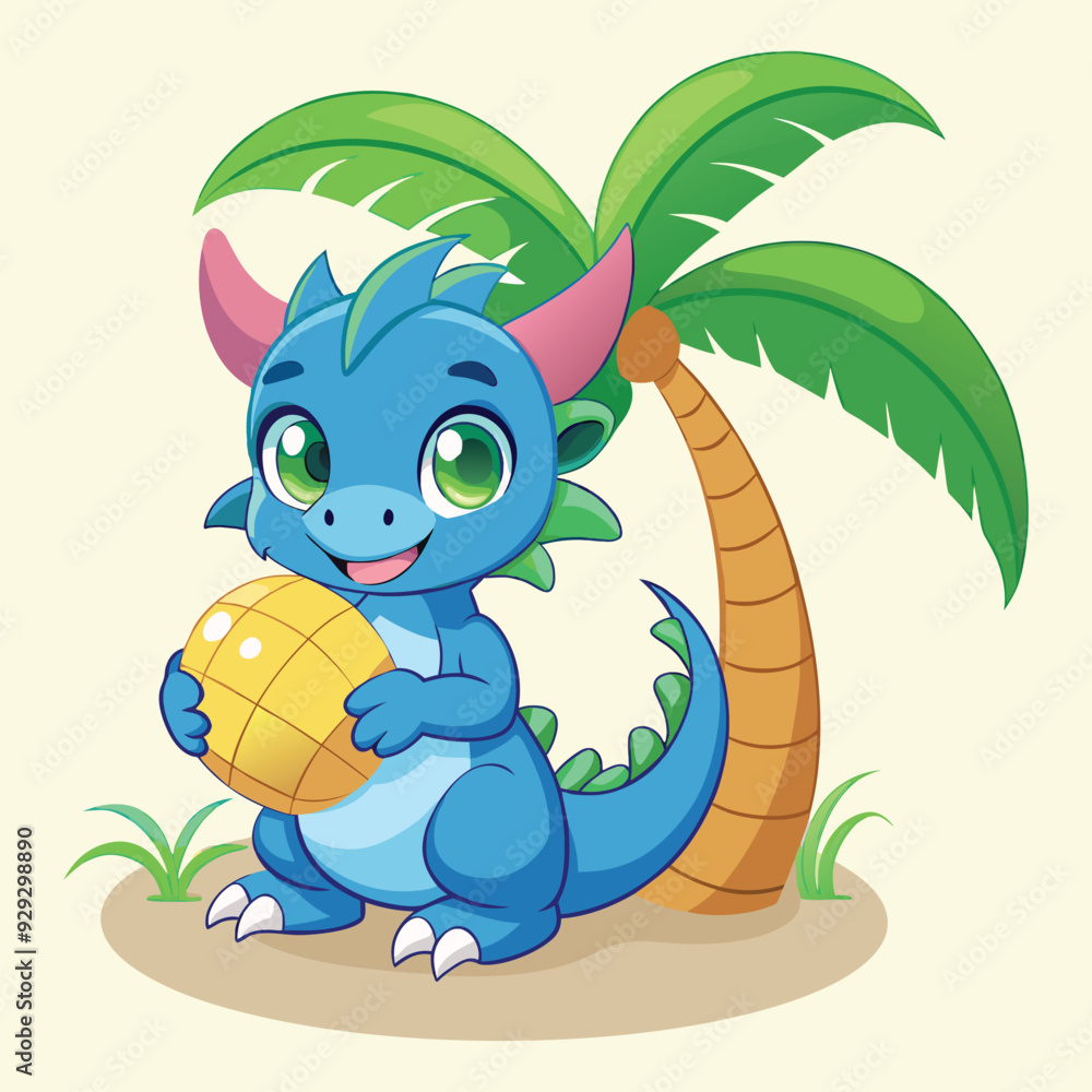 Fototapeta premium a cute baby dragon sitting on a beach with palm trees in the background