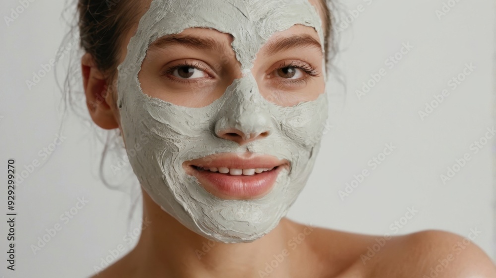 Woman Smiling with Clay Face Mask in Spa Robe for Skincare Routine Woman Smiling with Clay Face Mask in Spa Robe for Skincare Routine