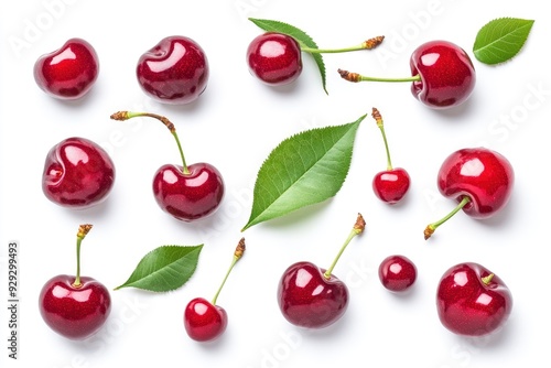Set of ripe cherries with leaves isolated on white background with generative ai