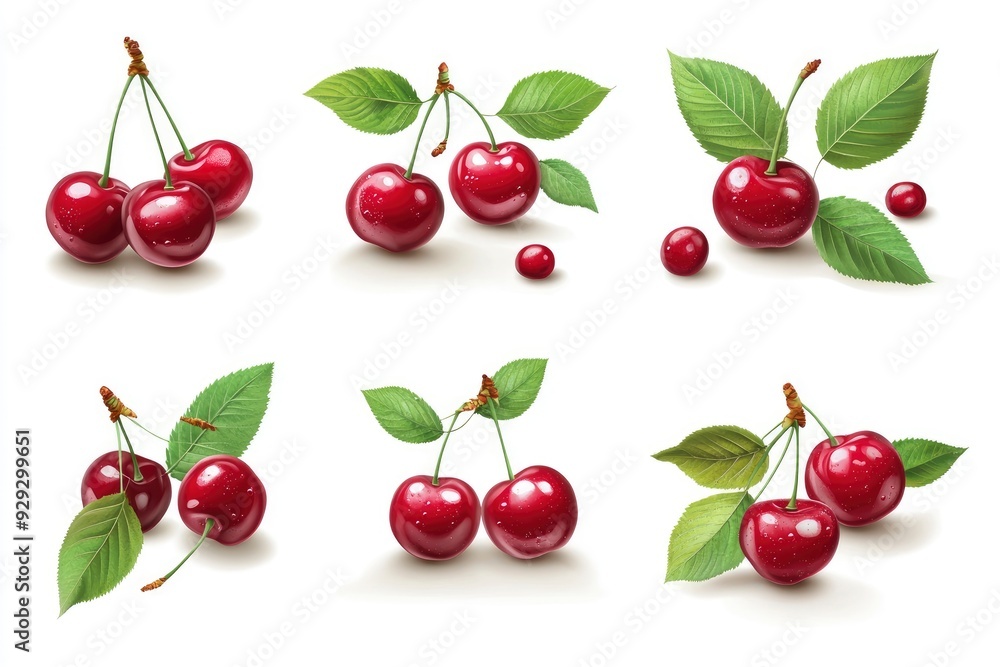 Set of ripe cherries with leaves isolated on white background with generative ai Set of ripe cherries with leaves isolated on white background with generative ai
