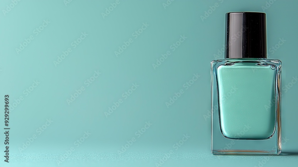 A green liquid bottle with a black cap sits atop a blue background A green liquid bottle with a black cap sits atop a blue background