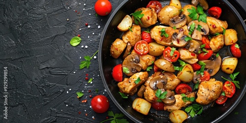 Chicken Stir Fry with Mushrooms Tomatoes and Potatoes in a Frying Pan Close up Top View with Space for Text