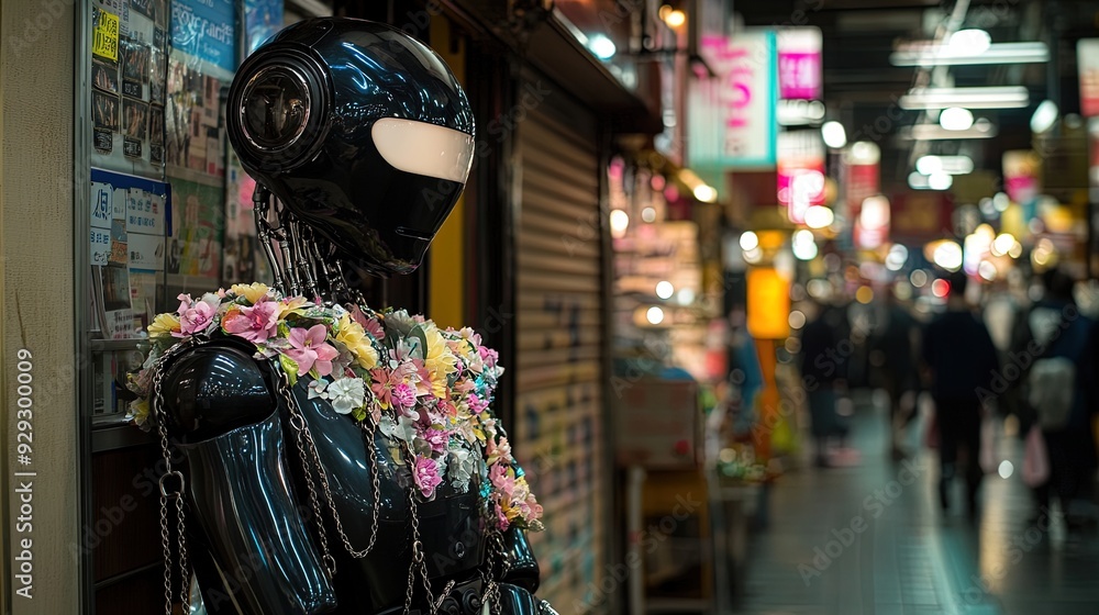 Obraz premium Futuristic Elegance: A Polished Black Humanoid Robot in a Vibrant Marketplace — Perfect for Sports Interior Posters and Modern Art Displays!