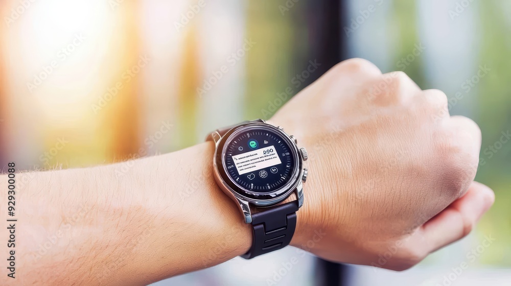 A close-up view of a smartwatch displaying notifications, showcasing modern technology on a person's wrist. A close-up view of a smartwatch displaying notifications, showcasing modern technology on a person's wrist.