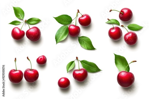 Set of ripe cherries with leaves isolated on white background with generative ai