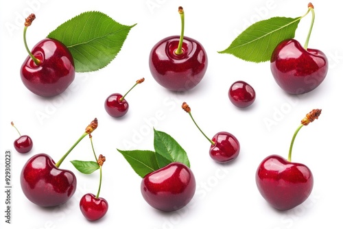 Set of ripe cherries with leaves isolated on white background with generative ai