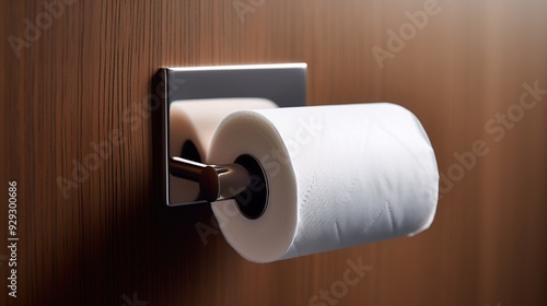 A close - up of a minimalist toilet paper holder, featuring a sleek metal design, adding a subtle element of sophistication to the bathroom Generative AI