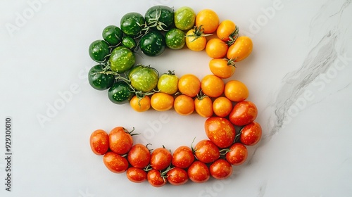   Arrangement of fruits and veggies shaped like an S on a white table with a marble top photo