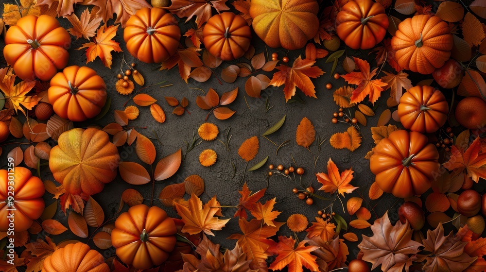 A vibrant autumn display featuring pumpkins and colorful leaves in shades of orange and yellow. A vibrant autumn display featuring pumpkins and colorful leaves in shades of orange and yellow.
