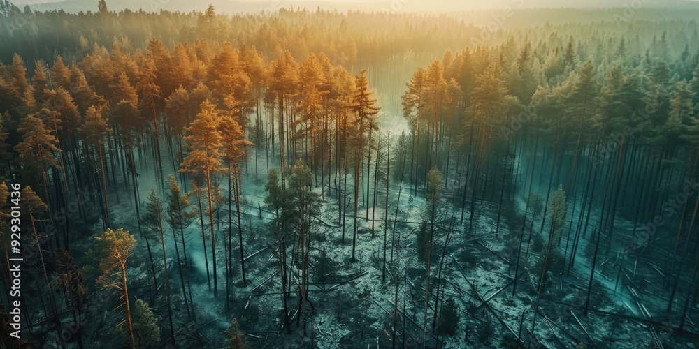 Fototapeta premium Aerial view of forest fire aftermath with green forest regeneration
