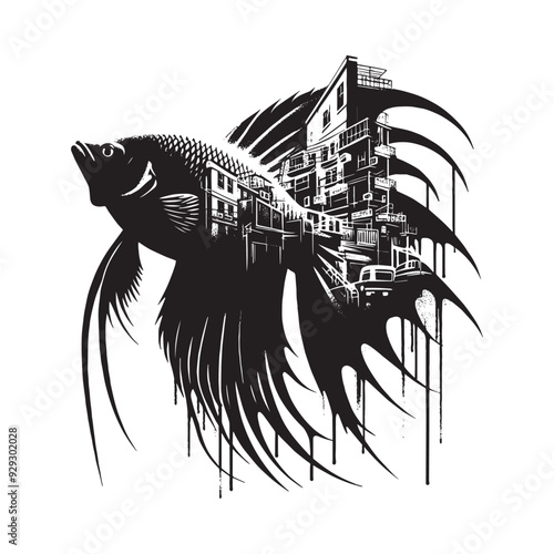silhouette of Regal Angelfish filled with ghetto street in rough drawing
