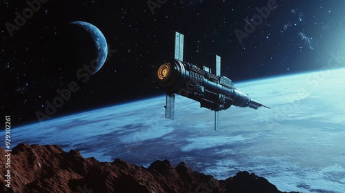 Fototapeta Naklejka Na Ścianę i Meble -  A futuristic space station orbits Earth, with a distant planet visible in the background, showcasing advanced technology in a cosmic setting.