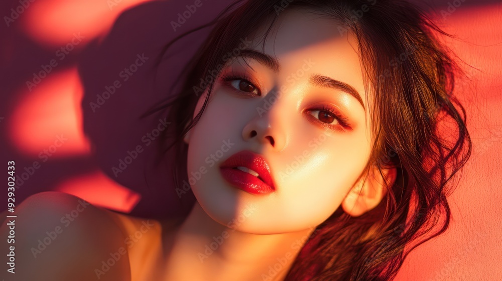 A young Asian woman with radiant skin and bold red lips, illuminated by warm light, creating striking shadows on her face.