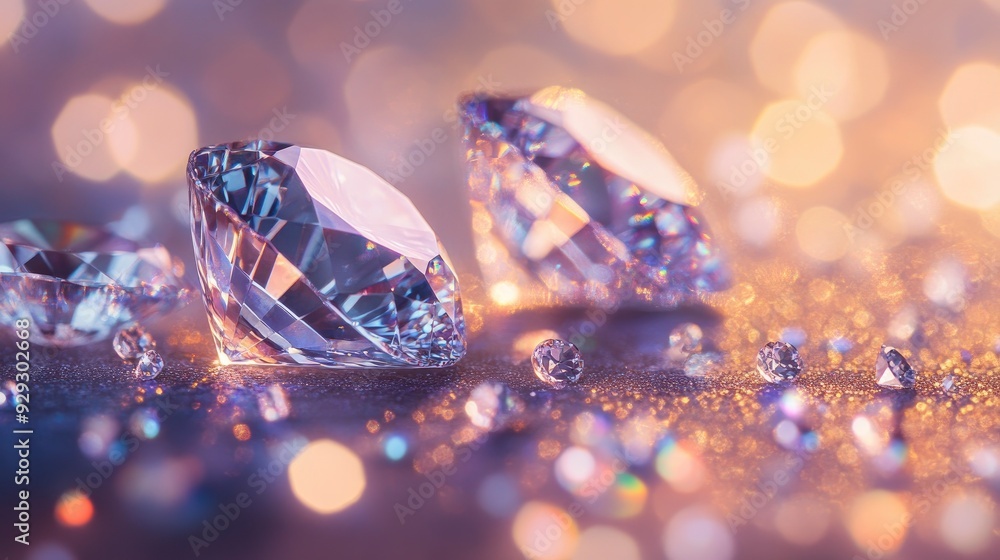 Sparkling diamonds resting on a glittering surface, with a beautiful bokeh effect in the background enhancing their brilliance and clarity with generative ai Sparkling diamonds resting on a glittering surface, with a beautiful bokeh effect in the background enhancing their brilliance and clarity with generative ai