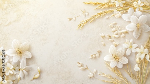 Delicate white flowers and golden grass create a serene and elegant composition.