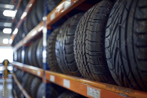 In the auto shop, a fresh tire is set on the tire storage rack. Be ready for cars that require tire replacements.