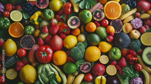 Abundance of Fresh Fruits and Vegetables in a Colorful Display at Market.Close-up.