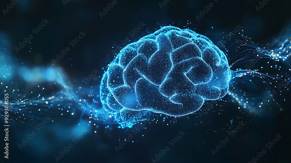 Abstract digital brain with glowing particles. Abstract digital brain with glowing particles.