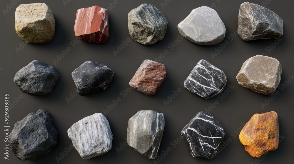 A diverse collection of 16 unique rocks in various shapes and colors, including black, gray, and earthy tones, set against a dark background. A diverse collection of 16 unique rocks in various shapes and colors, including black, gray, and earthy tones, set against a dark background.
