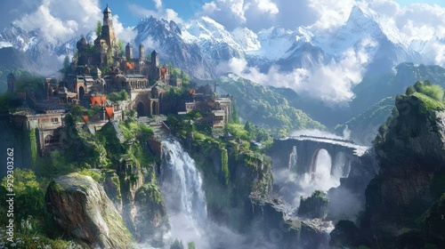 A majestic fantasy castle surrounded by mountains and waterfalls, showcasing lush greenery and a vibrant sky.