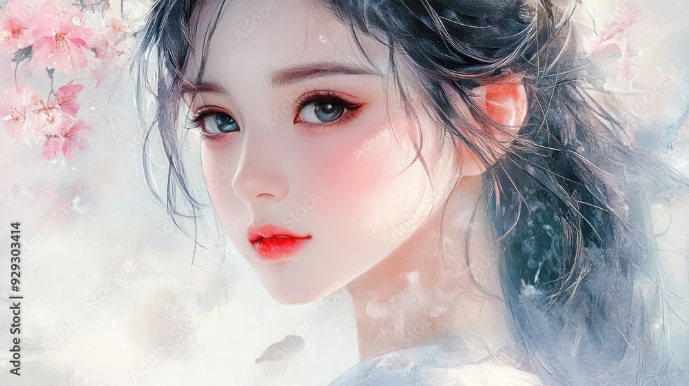 Fototapeta premium A serene portrait of a young woman with delicate features, framed by pink cherry blossoms, exuding a dreamy and ethereal atmosphere.